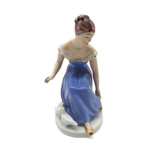ROYAL DUX Lady in Blue Dress Gold Slippers with Pigeons Czech Vintage 5.5"
